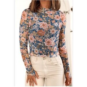 Magnolia Boutique Blue Floral Sheer Mesh Top Mock Neck L Boho Indie Y2K Coquette
